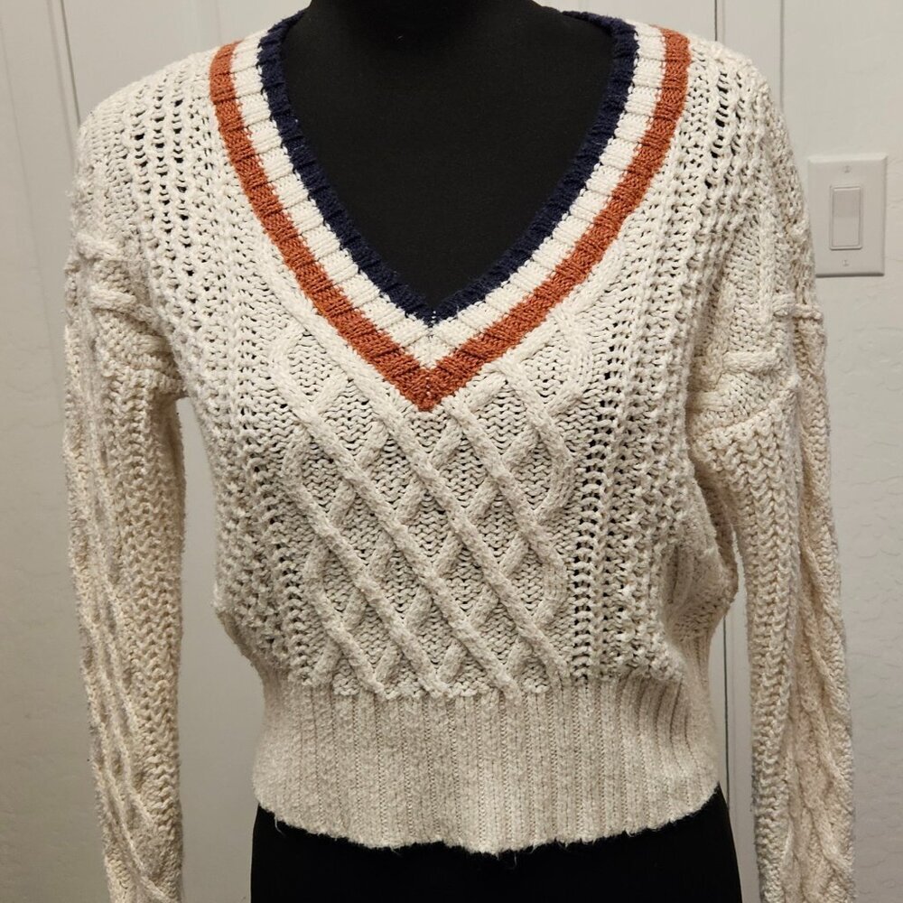 American Eagle Cable Knit Varsity V-Neck Sweater Cream and Copper Blue Accent XS - Picture 2 of 13